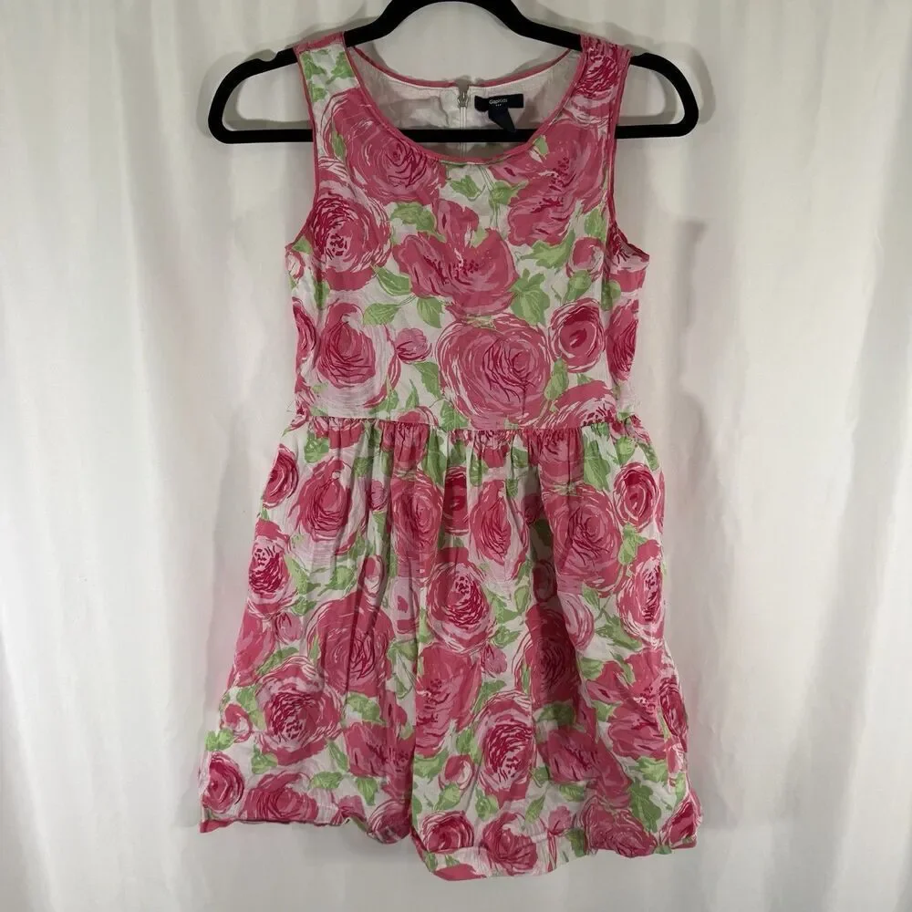 Gap Kids Dress Girls XXL Pink Floral Sleeveless Zip Back Round Neck 100% Cotton